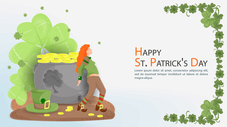 Flat illustration banner for decorating designs, on the theme of celebrating the Irish St. Patricks Day, a girl in a leprechaun dwarf costume closes a polka dot with gold coins, against a background of cloverのイラスト素材