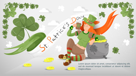 Flat illustration banner for decoration designs, on the theme of the St. Patricks Day holiday, A girl in a leprechaun costume hugs a pot of gold coins, on the background of the flag of Irelandのイラスト素材
