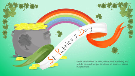 Flat illustration banner for decoration designs, on the theme of the St. Patricks Day holiday, A girl in a leprechaun costume hugs a pot of gold coins, on the background of the flag of Irelandのイラスト素材