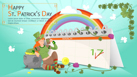 Flat illustration banner for decorating designs, on the theme of the St. Patricks Day holiday, A guy leaning on a pot of gold coins with a mug of ale, against the background of a calendar with a dateのイラスト素材