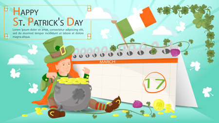 Flat illustration banner for decorating designs, on the theme of the St. Patricks Day holiday, A guy leaning on a pot of gold coins with a mug of ale, against the background of a calendar with a dateのイラスト素材