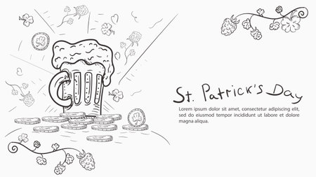 Contour illustration banner in the style of childrens doodle, for decoration of designs, on the theme of the St. Patricks Day holiday, A girl in a leprechaun costume holds a kite with gold coinsのイラスト素材