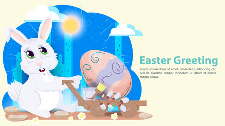 Easter greeting, rabbit sitting next to two colored eggs, flat vector illustration banner for holiday decoration designのイラスト素材