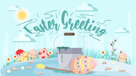 Easter greeting, Large inscription, Chicken sitting on a painted egg in a clearing. Flat vector illustration banner for holiday design decoration.のイラスト素材