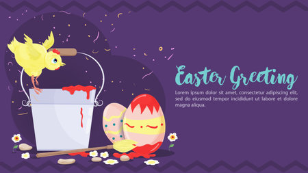 Easter greeting, rabbit and egg basket peeking out of pocket, vector illustration banner for holiday design decoration, purple backgroundのイラスト素材