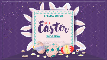 Easter sale banner, Wheelbarrow with egg and rabbit next to text sign, flat vector illustration for holiday design decoration, purple backgroundのイラスト素材