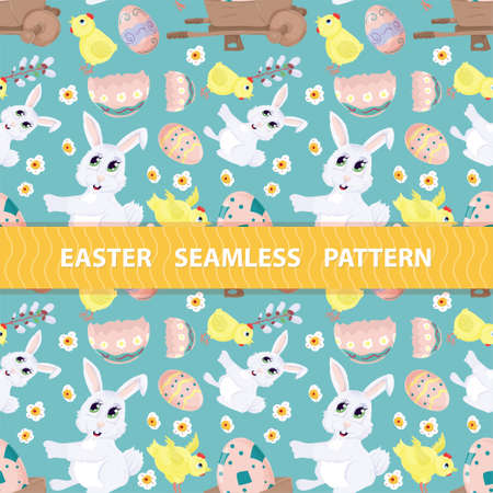 Easter seamless pattern, flat illustration in the style of childrens doodle, Basket with colored eggs and rabbits, drawings are arranged in random orderのイラスト素材