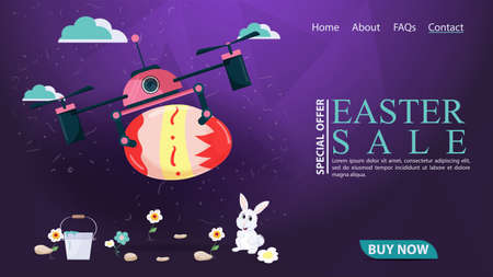 Easter holiday advertising banner sale, for website design web page, rabbit holding a colored egg next to the gift, flat illustrationのイラスト素材