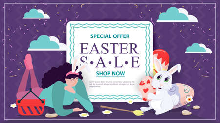 Easter holiday advertising banner sale, for website design web page, rabbit holding a colored egg next to the gift, flat illustrationのイラスト素材