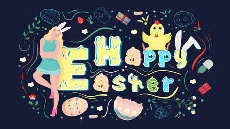 Happy Easter painted poster with a beautiful inscription, and a rabbit sitting in a painted egg, This illustration can be used for a festive design or printed, flat vectorのイラスト素材