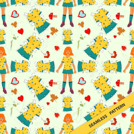 Seamless pattern illustration for decorating various designs of backgrounds and prints in the style of doodle, little girl teen red sweater yellow skirt, randomly arranged in the pictureのイラスト素材