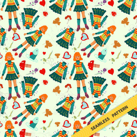 Seamless pattern illustration for decorating various designs of backgrounds and prints in the style of doodle, little girl teen red sweater yellow skirt, randomly arranged in the pictureのイラスト素材