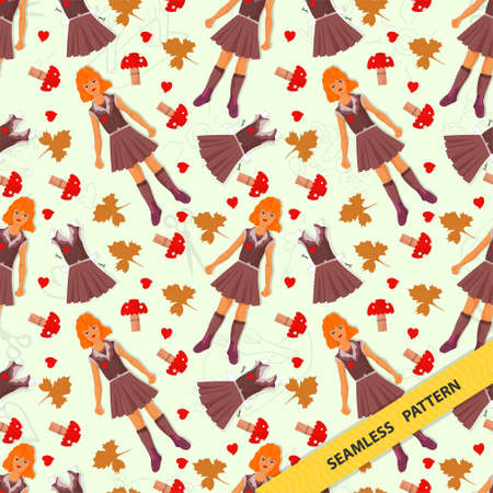Seamless pattern illustration for decorating various designs of backgrounds and prints in the style of doodle, little girl teen red sweater yellow skirt, randomly arranged in the pictureのイラスト素材