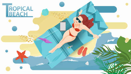 Vector illustration in a flat style on the theme of summer holidays and vacations on the shore of a tropical beach, A man sunbathing lying on a surfboard on the beachのイラスト素材