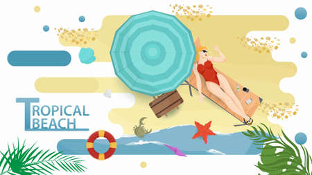Vector illustration in a flat style on the theme of summer holidays and vacations on the shore of a tropical beach, A man sunbathing lying on a surfboard on the beachのイラスト素材