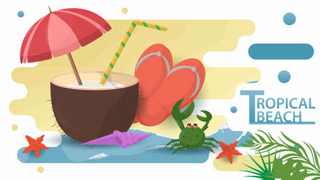 Vector illustration in a flat style on the theme of summer holidays and vacations on the shore of a tropical beach, A man sunbathing lying on a surfboard on the beachのイラスト素材