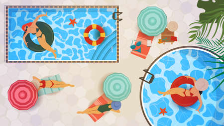 Vector illustration in a flat style on the theme of summer holidays and vacations, Top view, A girl and a guy relaxing near a pool with waterのイラスト素材