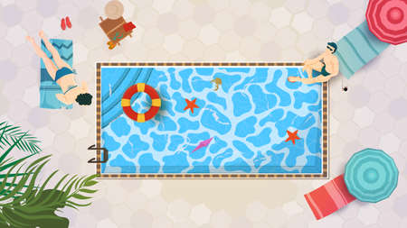 Vector illustration in a flat style on the theme of summer holidays and vacations, Top view, A girl and a guy relaxing near a pool with waterのイラスト素材