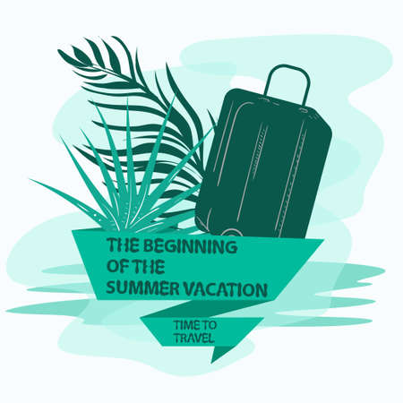 icon sticker for decoration design on the theme of vacation vacation and travel, Palm leaves sea shells, with a flag inscription slogan, the background can be removedのイラスト素材