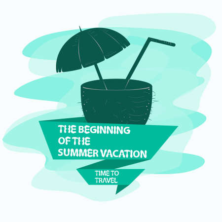 icon sticker for design design on the theme of vacation vacation and travel, beach slippers with an umbrella and a flag, with an inscription slogan, the background can be removedのイラスト素材