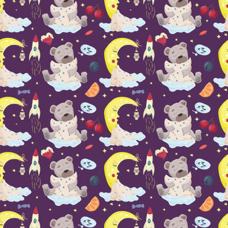 Seamless pattern illustration in childrens flat cartoon style for childrens bedroom design, Little penguin flying on a water balloon against the background of a rocket and a sleeping moonのイラスト素材