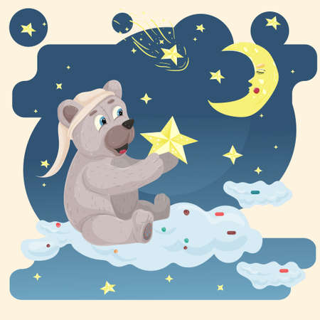 Illustration sticker in childrens flat cartoon style for childrens bedroom design decoration, little elephant sitting with balloons on a cloud on the background of the starry sky and the cityのイラスト素材