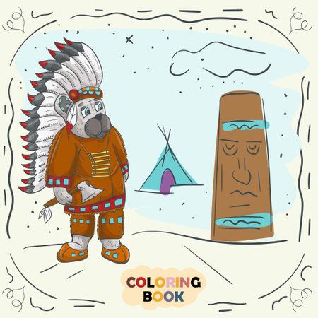 Coloring Book for Young Children contour illustration in doodle style, Teddy Bear girl in National Japanese kimono geisha costumeのイラスト素材