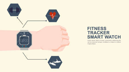 Iconography for flat design, hand with wristwatch fitness tracker and icons with functionalityのイラスト素材