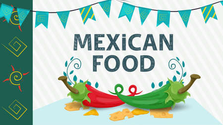 Mexican food illustration for flat design, lettering name, cactus with sombrero on, taco tortilla with sausage red hot pepperのイラスト素材