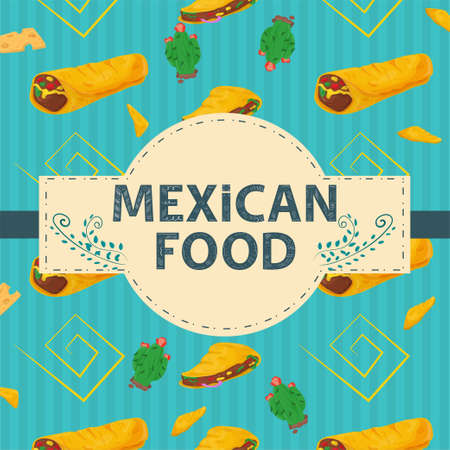 Square Banner label flat, on the theme of Mexican food, a large inscription name in the center, on the background are located tortilla taco hot pepper cactus sprigs of plantsのイラスト素材