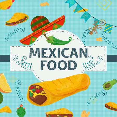 Square Banner label flat, on the theme of Mexican food, a large inscription name in the center, on the background are located tortilla taco hot pepper cactus sprigs of plantsのイラスト素材
