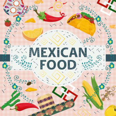 Square Banner label flat, on the theme of Mexican food, a large inscription name in the center, on the background are located tortilla taco hot pepper cactus sprigs of plantsのイラスト素材