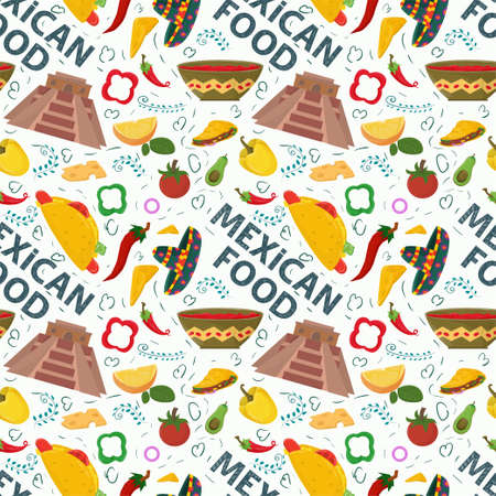 Flat endless seamless pattern on the theme of Mexican food, painted sombrero skulls and tequila drink on a white backgroundのイラスト素材