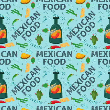 Flat endless seamless pattern on the theme of Mexican food, painted sombrero skulls and tequila drink on a white backgroundのイラスト素材