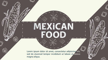 Illustration sketch for the design in the center of the circle the inscription Mexican food, corn cob or maize on a coffee backgroundのイラスト素材