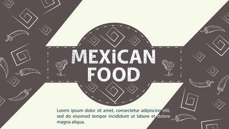 Illustration sketch for the design in the center of the circle the inscription Mexican food, hot chili pepper, glasses with drinks on a coffee backgroundのイラスト素材