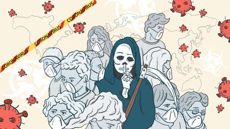 banner illustration for design design, the SARS-CoV-2 virus, a cluster of masked people in the...