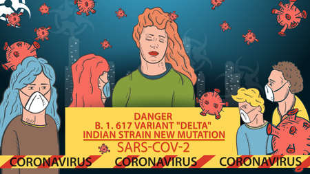 banner illustration for the design of the new virus SARS-CoV-2, a cluster of masked people against the background of the city and flying virus moleculesのイラスト素材
