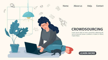 Animals cats next to the phone in which there is communication on the Internet, the concept of crowdsourcing, illustration in a flat style, for the design of web pages and sitesのイラスト素材