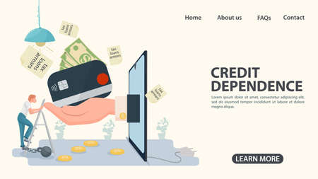 A hand presses a coin in the phone, the concept of credit dependence in the world, an illustration in a flat style for designのイラスト素材