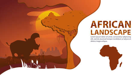 African landscape in the style of cut paper, for the design, Two giraffes next to a tree on the...