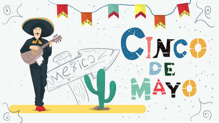 Vector flat design illustration on the theme of the Mexican holiday Cinco de Mayo, A man with a pipe and a woman with maracas on the background of the title inscriptionのイラスト素材