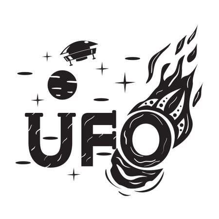 stylized UFO inscription, flying saucer flying through the inscription, black and white image on an isolated backgroundのイラスト素材
