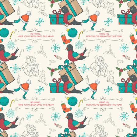 Seamless pattern banner for Christmas and New Year design, in the style of a doodle, Santa Claus with a bag of gifts sitting on a tiger against the background of festive itemsのイラスト素材