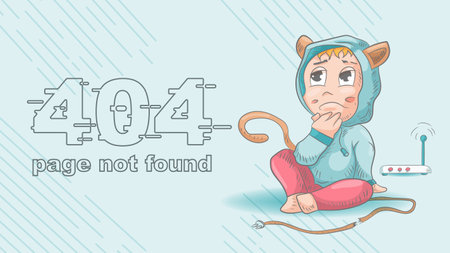 error 404 page not found funny little man Chibi, thoughtfully sitting next to a broken wire,...