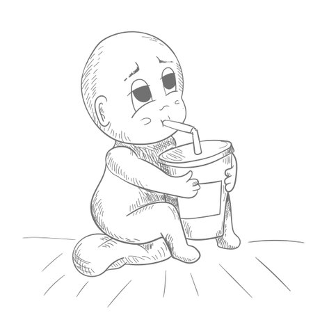 Little funny man Chibi sitting drinking juice from a glass through a straw, contour vector illustrationのイラスト素材