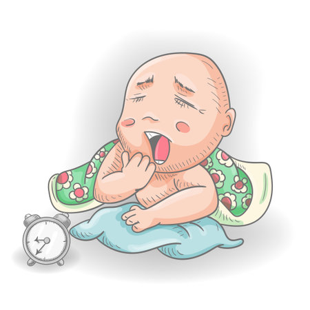 Funny little man Chibi yawns lying on a pillow under a blanket, color contour vector illustration in doodle styleのイラスト素材