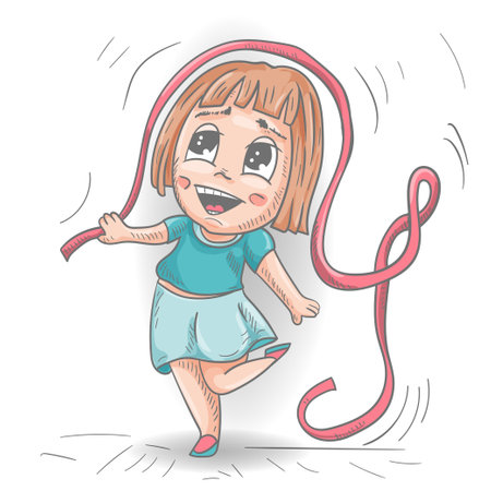 A little funny man Chibi in clothes jumps with a ribbon, a color contour vector illustration in the style of a doodleのイラスト素材