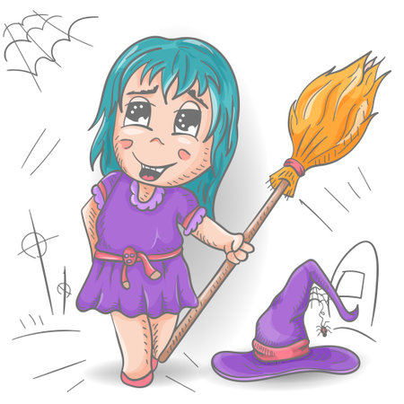 A funny little man in Chibi clothes holds a broom and stands next to a witch hat color, contour vector illustration in the style of a doodleのイラスト素材