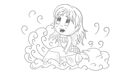 Little funny girl Chibi mermaid sitting on a stone in the middle of the water, contour vector illustration in doodle styleのイラスト素材